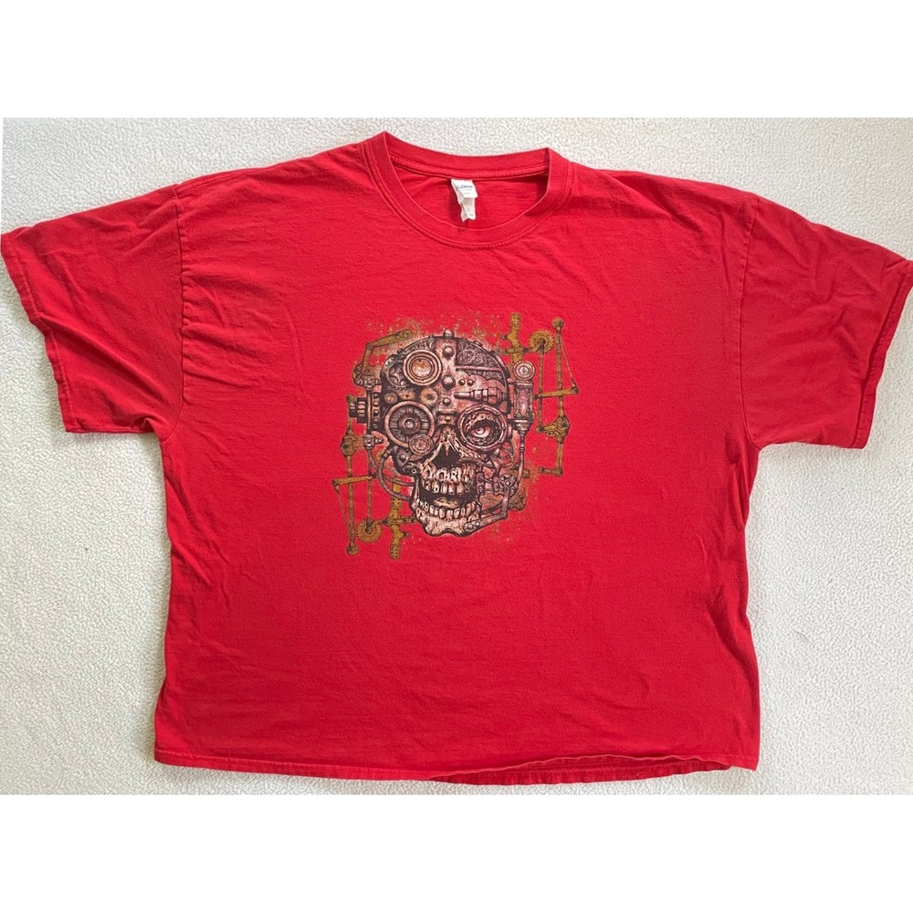 Gildan Mens 3XL T-Shirt Red Steampunk Cyborg Skull Graphic Tee
